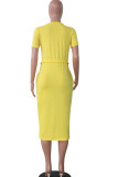 Yellow Fashion Casual adult Ma'am Grey Green Pink Yellow Cap Sleeve Short Sleeves O neck Asymmetrical Mid-Calf Print Character Pocket Dresses