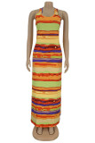 Multi-color Sexy Multi-color Spaghetti Strap Sleeveless Slip Swagger Ankle-Length Striped Print Tie and dye Dresses