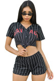 Black Fashion Sexy adult Letter Two Piece Suits Patchwork Striped Print Straight Short Sleeve T