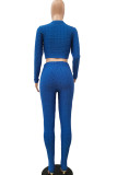 Colorful blue Fashion Casual Adult Polyester Solid Split Joint O Neck Long Sleeve Regular Sleeve Short Two Pieces