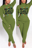 Army Green Street Print O Neck Long Sleeve Two Pieces