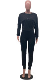 Black Casual Spandex Pit Article Fabrics Solid Buttons Pants O Neck Long Sleeve Regular Sleeve Regular Two Pieces