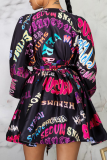Black Sexy Print Split Joint V Neck Cake Skirt Dresses