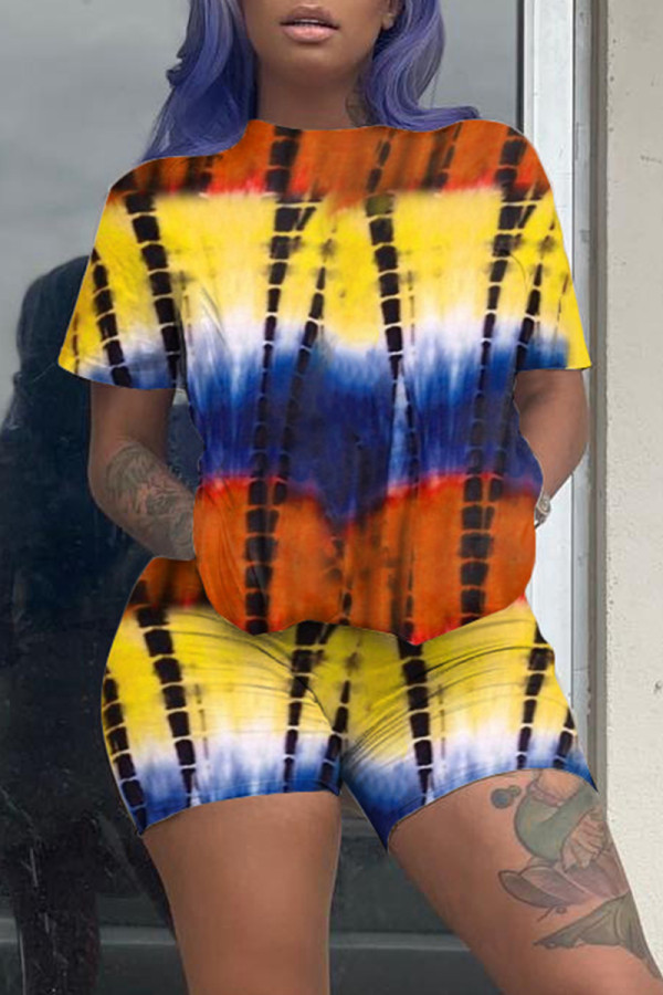 Yellow Fashion Casual Tie Dye Printing O Neck Short Sleeve Two Pieces