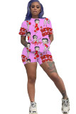 Pink Polyester Fashion Sexy adult Ma'am Letter Patchwork Print Character Two Piece Suits pencil Short Sleeve Two Pieces