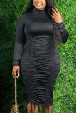 Black Sexy Solid Fold O Neck Wrapped Skirt Plus Size