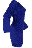Navy Blue Sexy Bubble sleeves Long Sleeves V Neck Asymmetrical Knee-Length asymmetrical Solid Patchw