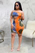 Orange Polyester Fashion Sexy Off The Shoulder Sleeveless Wrapped chest Step Skirt Knee-Length Patchwork Pr