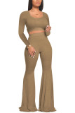 Khaki Polyester Fashion Casual adult Ma'am Solid Two Piece Suits Loose Long Sleeve Two Pieces