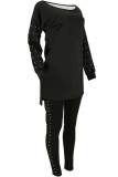Black Polyester Sexy Solid Two Piece Suits Patchwork Beading pencil Long Sleeve Two-piece Pants Set
