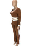 Khaki Polyester Fashion Casual adult Ma'am Patchwork Solid Two Piece Suits Straight Long Sleeve Two Pieces