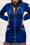 Blue Sexy Patchwork Draw String Hooded Collar A Line Dresses