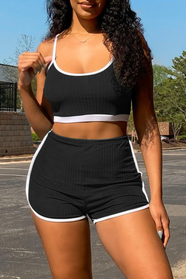 Black Sexy Solid Patchwork Spaghetti Strap Sleeveless Two Pieces
