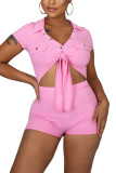 Pink Fashion Sexy Patchwork bandage Hollow Solid Short Sleeve V Neck Jumpsuits