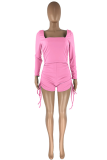Pink Sexy Solid Patchwork Square Collar Skinny Rompers