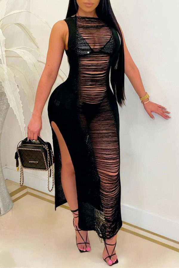 Black Sexy Solid Hollowed Out Slit O Neck Sleeveless Dress