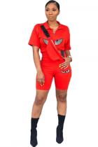 Red Polyester Fashion Casual Animal Prints Zippered Solid Regular Two-Piece Short Set