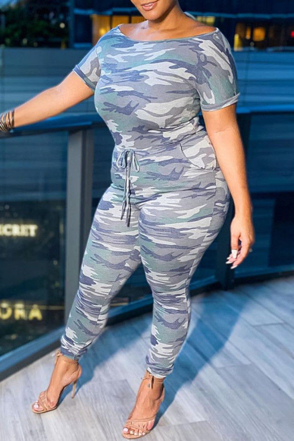 Camouflage Fashion Casual Camouflage Print Basic O Neck Regular Jumpsuits