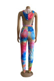 Multicolor Fashion Sexy Print Tie Dye Backless Hooded Collar Regular Jumpsuits