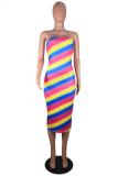 Multi-color Sexy Off The Shoulder Sleeveless Wrapped chest Step Skirt Mid-Calf Striped Club Dresses
