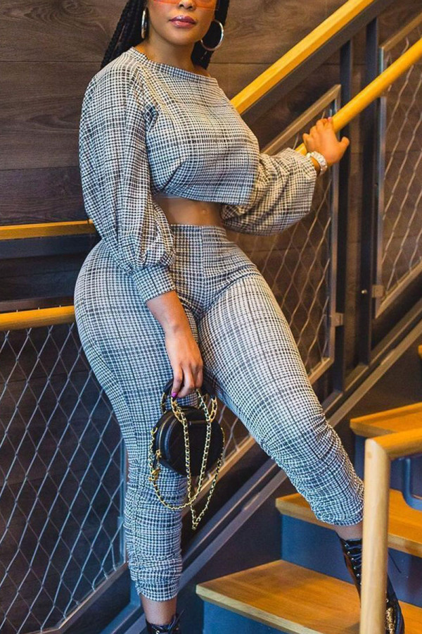 Grey Sexy Plaid Print O Neck Long Sleeve Two Pieces