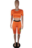 Orange Polyester Fashion Sexy backless Patchwork Print Straight Short Sleeve Two-Piece Short Set