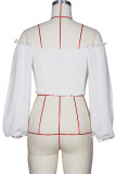 White V Neck Long Sleeve Patchwork crop top Solid