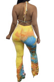 Yellow Polyester Fashion Casual Print backless Tie Dye Two Piece Suits Loose Sleeveless Two Pieces