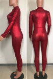 Red Polyester Long Sleeve Mid Sequin Solid Straight Pants Jumpsuits & Rompers