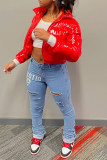 Red Fashion Casual Solid Cardigan Zipper Collar Outerwear