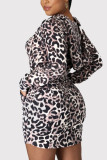 Leopard Print Fashion Casual Print Basic Hooded Collar Long Sleeve Dress
