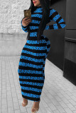 Red Fashion Casual Striped Print Basic O Neck Long Sleeve Dress