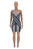 Grey Polyester Sexy Fashion adult One Shoulder Sleeveless one shoulder collar Striped Print Club Dresses