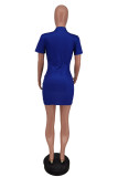 Blue Fashion Sexy Print Ripped Hollowed Out O Neck Short Sleeve Dress