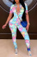 Blue Sexy Print Without Belt O Neck Regular Jumpsuits