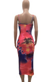 Blue Fashion Sexy adult Red Blue Off The Shoulder Sleeveless Slip Pencil Dress Mid-Calf Print Patchwork backless Tie and dye Dresses