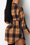 Yellow And Blue Casual Plaid Patchwork Turndown Collar Pencil Skirt Dresses
