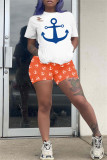 Blue Fashion Casual Print Basic O Neck Short Sleeve Two Pieces
