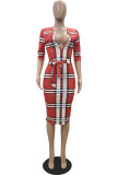 Red Sexy Plaid Striped With Belt V Neck Straight Dresses