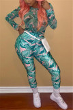Multicolor Fashion Sexy Print See-through O Neck Long Sleeve Two Pieces