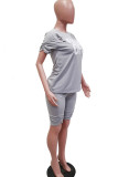 Grey Fashion Casual adult Ma'am Letter Patchwork Print Draped Two Piece Suits pencil Short Sleeve Two Pieces