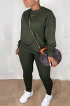Army Green Casual Solid O Neck Long Sleeve Two Pieces