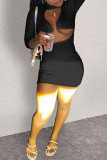 Black Fashion Sexy Solid Hollowed Out Turtleneck Short Dresses