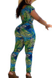 Blue Fashion Sexy Print Short Sleeve V Neck Jumpsuits