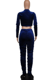 Blue Casual Solid Patchwork Zipper Collar Long Sleeve Two Pieces