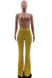 Yellow Cotton Blends Elastic Fly High Solid Boot Cut Pants Bottoms