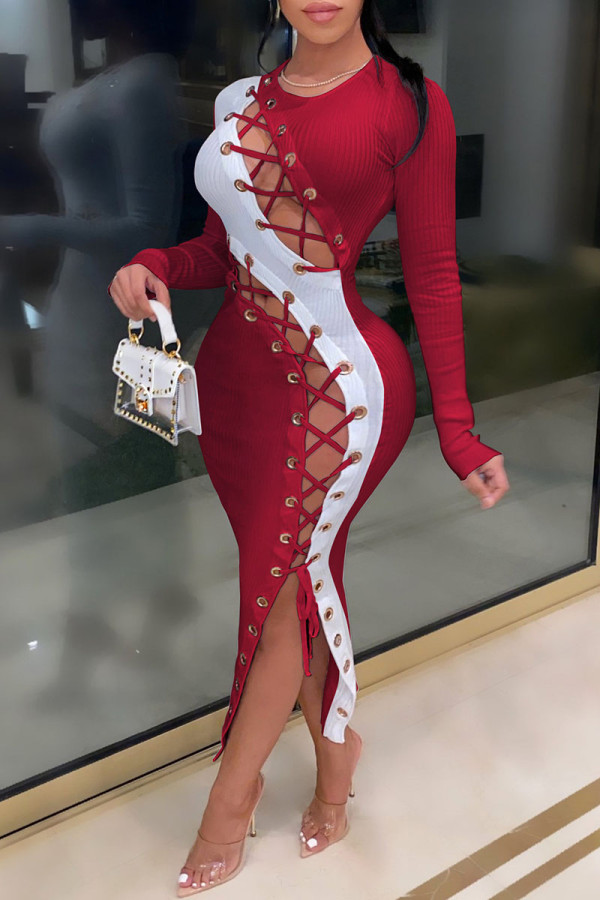 Red Sexy Solid Hollowed Out Split Joint Frenulum O Neck A Line Dresses