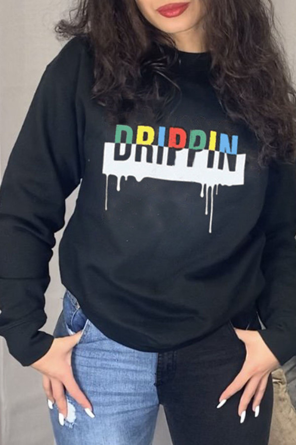 Black Casual Letter Print Patchwork O Neck Tops