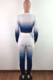 Dark Blue Polyester Fashion Active adult Ma'am Gradient Two Piece Suits pencil Long Sleeve Two Pieces