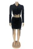 Black Fashion Sexy Solid Draw String Turndown Collar Long Sleeve Two Pieces